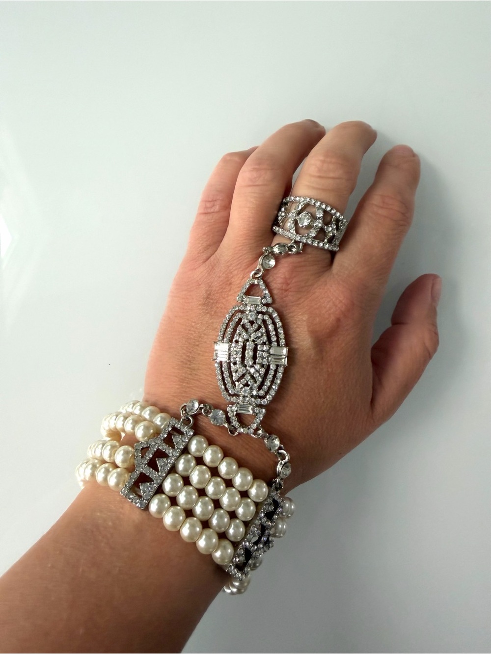 Ivory Pearl and Silver Crystal Hand Bracelet
